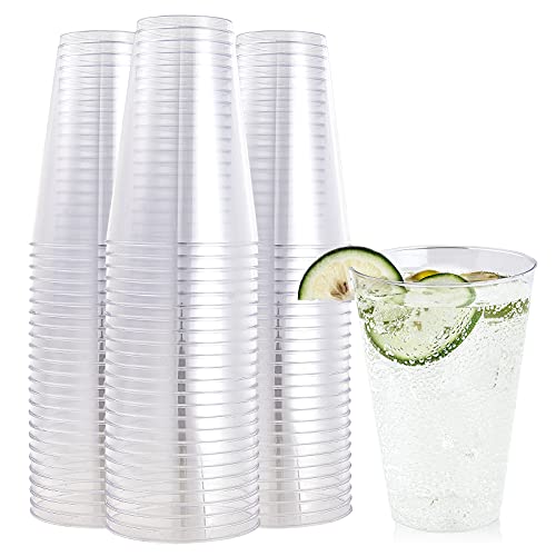 FOCUSLINE 100 Pack 14 oz Clear Plastic Cups Disposable Cups Large Reusable Plastic Tumblers Heavy-duty Clear Cups 14 Ounce for Wedding Party Thanksgiving Halloween Christmas