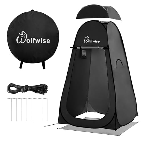 WolfWise Pop-Up Duschzelt Camping & Umkleidezelt mit Boden Silberbeschichtet UV-Schutz 50+ & Wasserabweisend Toilettenzelt mit Fenstern Hoch Breit 47 (120 cm) Höhe 75 (190 cm) Schwarz
