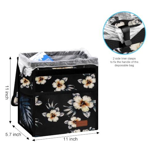 Image of Femuar Leak Proof Car Trash Can with Lid, Collapsible Hanging Waterproof Car Trash Bag with Mesh Pocket for SUV Front Seat Headrest, Large /Hibiscus Flower