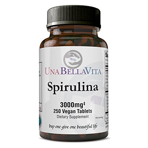 UnaBellaVita | Vegan Spirulina | 3000 mg, 250 Vegan Tablets | Made in the USA | Natural Detox, Immunity Booster, Good Source of Pure Protein, Iron, Vitamins A, B complex, E & K,