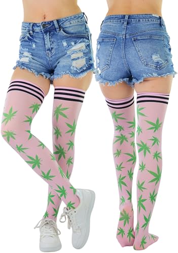 Image of ToBeInStyle Women's Thigh High Stockings Bodystocking Tights Medicinal Cannabis Marijuana Weed Leaf Print Festival Hosiery