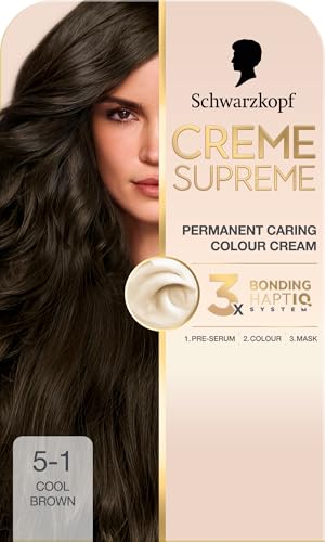 Schwarzkopf Creme Supreme 5-1 Cool Brown Permanent Hair Dye Caring Hair Dye Colouration with 3-Step Bonding System Against Damage 100% Grey Coverage