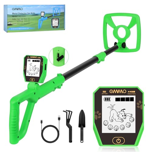 【Type-C】 Detector de Metales Niños, OMMO Detector de Metales Recargable con Divertida Pantalla LCD, 72-100cm Ajustable para Niños, IP67 Metale Detector Ligeros, Exploración al Aire Libre