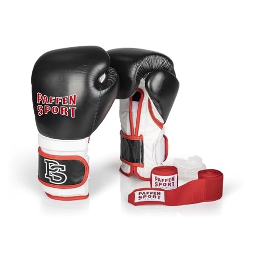 PAFFEN SPORT «Pro» Box-Bundle, «PRO Performance» Boxhandschuhe, schwarz/weiß/rot, 20UZ; «Allround» Bandage rot, 3,5 m; «Allround» Zahnschutz, transparent, ohne Mint