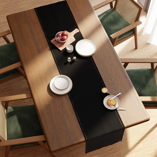 Image of Encasa Homes Pure Cotton Hemstitched Table Runner for 8 Seater Dining of Size 32x230 cm - Black | Decorative Cloth for Party, Home, Cafes, Restaurant & Hotels - Machine Washable