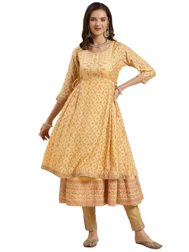 rangita Yellow Silk Calf Length Printed Double Layered Kurti for ...