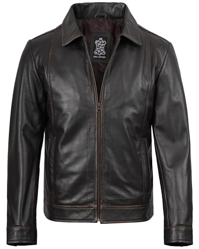 Image of fjackets Men's Real Lambskin Leather Jacket - Shirt-Collar Moto Biker Style Year-Round Wear