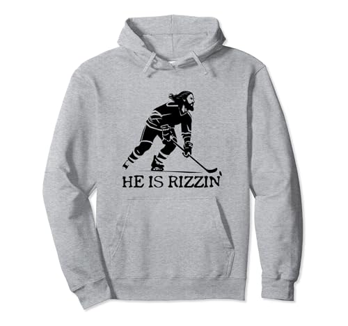 He Is Rizzin' Jesus Jugador de Hockey Stick Christian Holy Puck Sudadera con Capucha