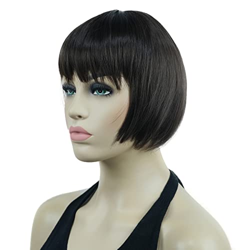 Lydell 6" Straight Short Bob Hair Flat Bangs Cute Central Dot Skin Top Heat Resistant Synthetic Wigs (Chestnut Brown) - Image 3