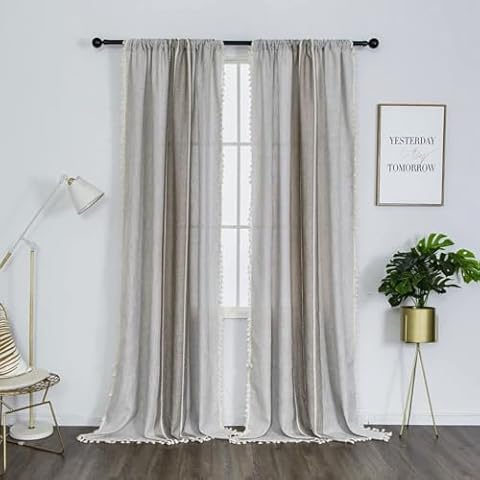 Amidoudou 1 Pair Cotton Linen Boho Curtains with Tassel, Farmhouse Curtains for Bedroom Living Room (Beige and Coffee, 2 x 54 x 90 Inch) Cover