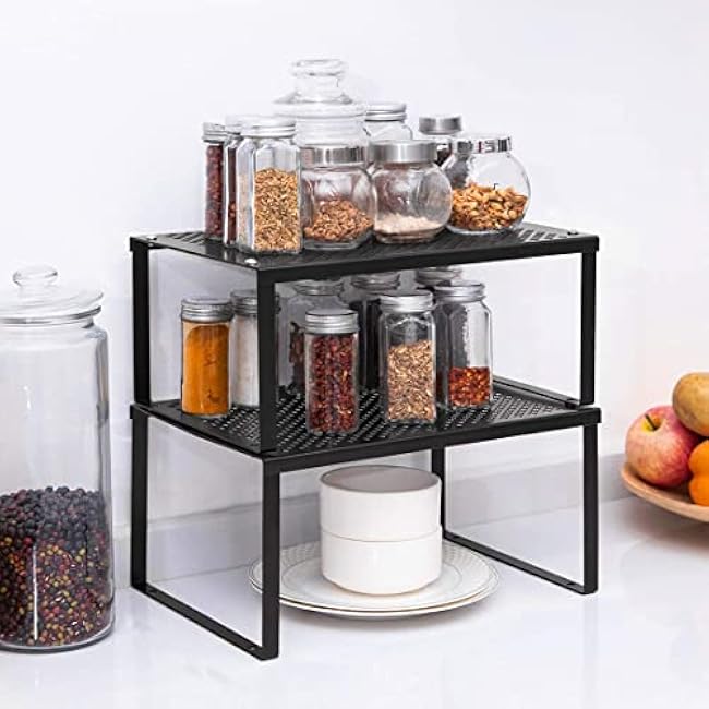 NEX Kitchen Cabinet and Counter Shelf Organizer, Expandable & Stackable, Black