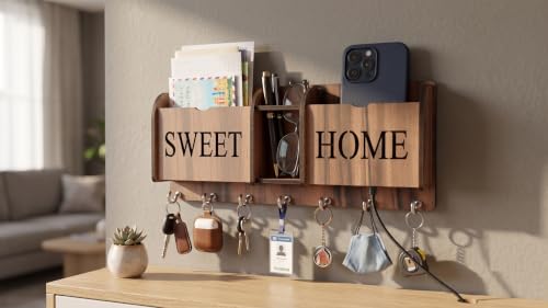 Image of Wall Mount Key Holder & Mail Organizer | Laser-Cut Key Hanger with 7 Metal Hooks, Letter Rack & Pen Stand | Wooden Wall Decor for Entryway, Living Room, Home & Office (Sweet Home)