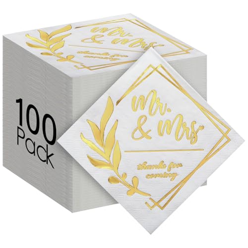 Tinlade 100 Pcs Mr and Mrs Wedding Napkins for Reception 3 Ply Gold Disposable Cocktail Dessert Napkins Beverage Decor for Engagement Table Decorations Bridal Shower Party Supplies,5 x 5 Inch