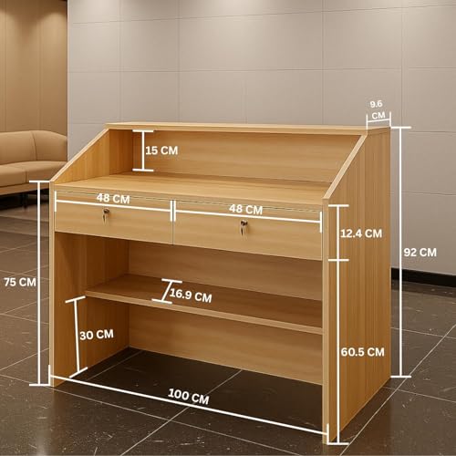 Image of TEKAVO Jupiter Reception Table for Store, Shop & Gym 100 Cm Long | Front Checkout Counter with Lock Drawers & Open Shelf | Cash Counter Table | Light Brown Wood | 100 x 45 x 92 CM | DIY Assembly