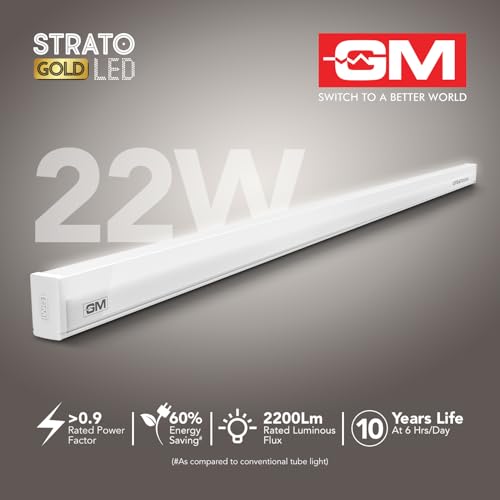 Image of GM Strato 22 Watt LED Batten Tube Light for Home, 2200 Lumens, 6500K Cool Day White, Long Life, Anti-glare Diffuser, Fluctuation Proof for Home