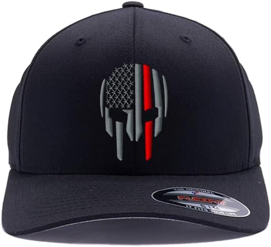 G&B Red Thin Red/Blue Line Spartan Helmet & Distressed Skull Flex Baseball Cap. Embroidered. 6277/6477 Flex Baseball Hat - Image 2