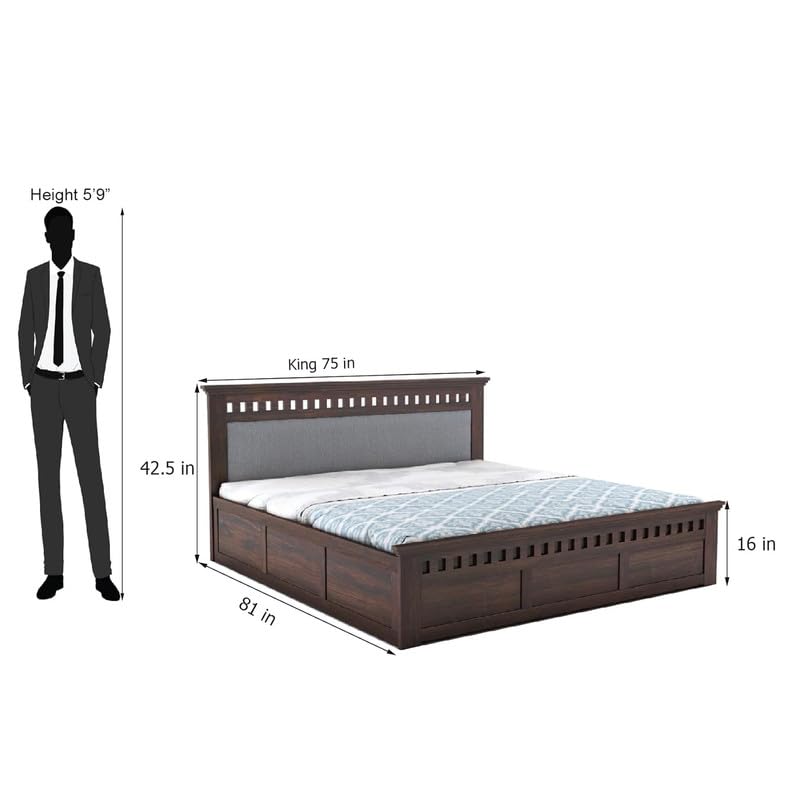 Image of Amazon Brand - Solimo Solid Sheesham Wood Kuber King Size Upholstered Bed with Box Storage + 2 Bedside | Wooden King Size Cot Bed | Double Bed with 2 Bedside Furniture for Bedroom (Walnut Finish)