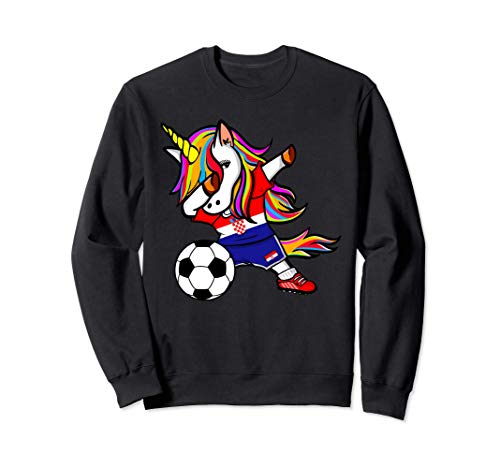Funny Dabbing Unicorn Croatia Football Croatian Flag Soccer Sweatshirt, Black