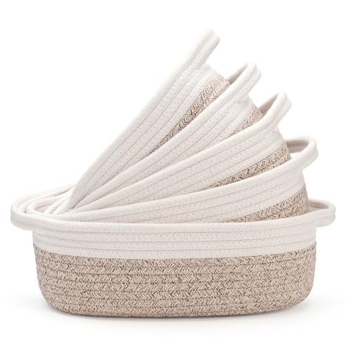 Image of 5-Piece Rectangle Storage Basket Set- Natural Cotton Rope Woven Baskets for Organizing! Small Basket for Montessori, Baby Nursery, Dog Toy Baskets, Cat Toy Box, Bathroom Organization Bin- brown