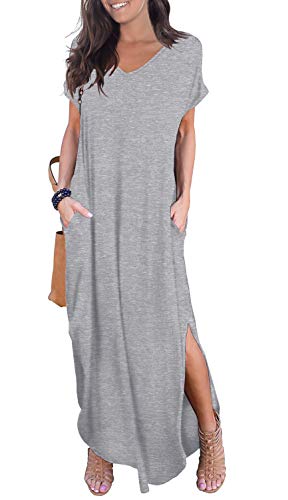 GRECERELLE Solid V-Neck Pocket Loose Maxi Dress Gray Large