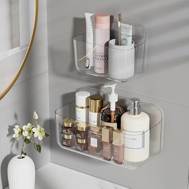 Wall Mounted Storage Organizer Bins Organizing Shelf Basket Clear Plastic Makeup Organizer Adhesive Hanging Bin Fridge Organizer for Bathroom,Kitchen,Cabinet,Pantry,Countertops (XL+L)
