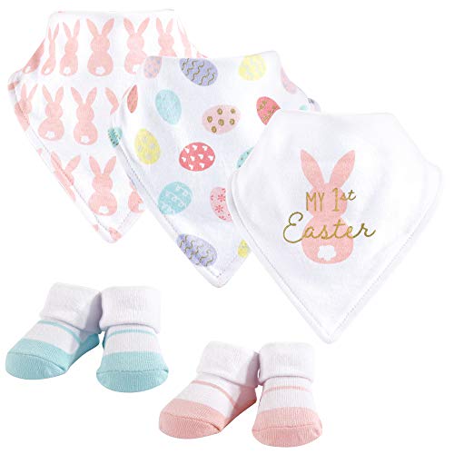 Hudson Baby Unisex Baby Cotton Bib and Sock Set, Girl First Easter, One Size