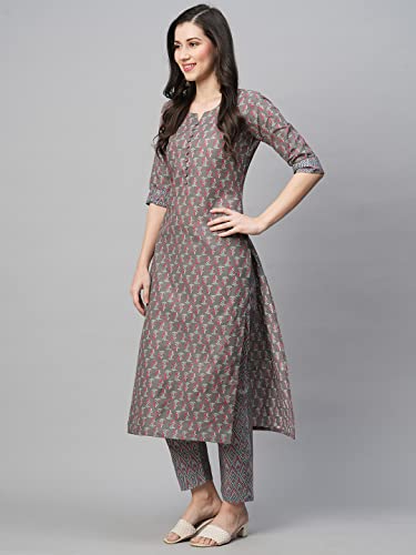 Image of GoSriKi Women's Cotton Blend Printed Straight Kurta With Pant