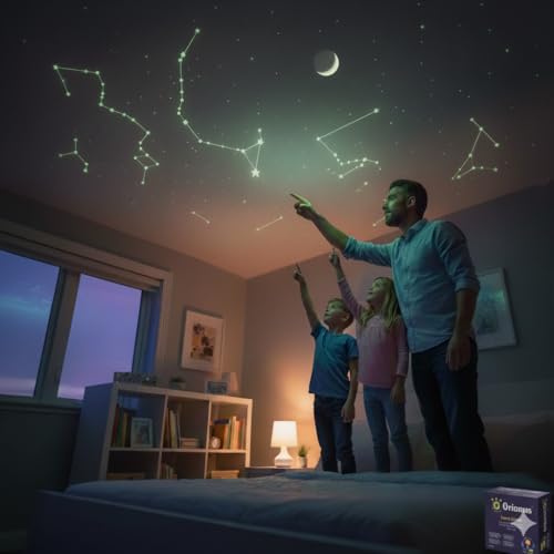 Alcrea® CIELO Exacto con 540 Estrellas fluorescentes para techo, mapa sencillo en español, plantilla de 2m2, luna, video y más. Juego para toda la familia, educativo y decorativo Pegatinas Decoracion