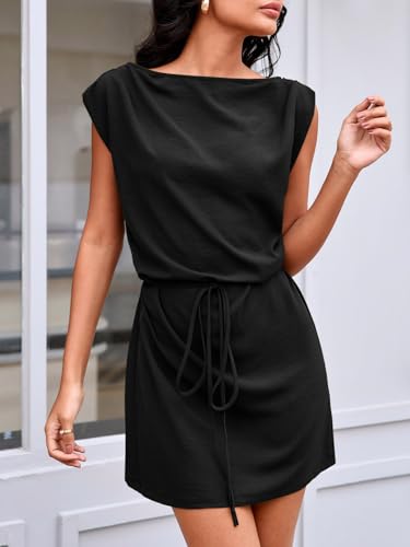 Image of Wenrine Womens 2026 Summer Mini Dress Casual Sleeveless Tie Waist Loose Ruched Beach Vacation Short Sundresses