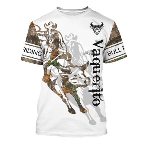 Owlfder Camiseta de montar toros para hombre, divertida camiseta casual impresa en 3D, regalo para hombres y mujeres, Blanco, L