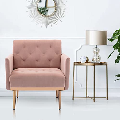 Kivenjaja Velvet Accent Chair, Modern Comfy Tufted Upholstered Armchair For Living Room & Bedroom, Reading Arm Chair Single Sofa With Rose Gold Metal Legs, Pink #TOP2