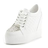 Women Wedges Sneakers with Hidden Heel Ankle High Platform Walking Shoes Fashion Bride Wedding Shoes (8, White-Rhinestone, numeric_8)