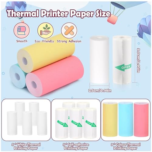 Image of Instant Printer Roll 57mm*25mm Thermal Sticker Roll for Mini Pocket Receipt Printer for Use Photo,DIY,Note,Memo (5 White paper + 3 Colorful paper +5 White Stickers with 6*Colored Pens Set)