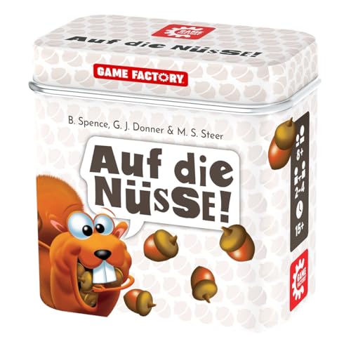 Game Factory 646273 Auf die Nüsse, das knackige Würfelspiel, Mini-Spiel in handlicher Metalldose, Reisespiel, für Erwachsene und Kinder ab 8 Jahren