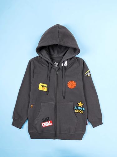 Image of KiddoPanti Boys Solid Cotton Full Sleeve Zip-Up Front Open Hooded Sweatshirt