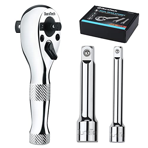 DURATECH Stubby Ratchet Set, 3/8" & 1/4” Dual Head Ratchet Wrench with 2 Extension Bars, 3-piece, Chrome Plated Finish 1/4" 3/8" Dual Head Ratchet +