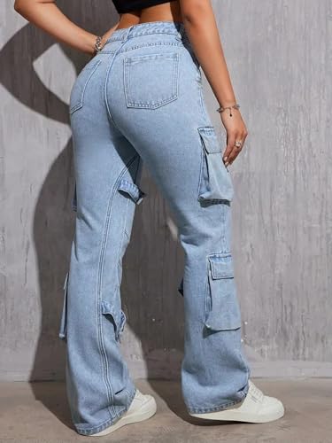 Image of Glossia Fashion Blue Women Cargo Jeans | High Waist Stretchable Wide Leg Loose Fit Denim| Boyfriend Cargo Jeans for Women(WJ-1225)
