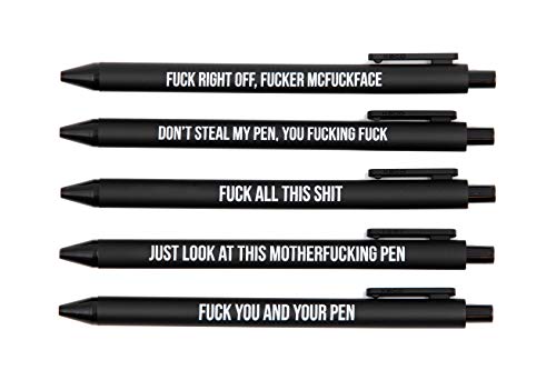 Get Bullish Set Of 5 Sweary Fck Cussing Gel Pens, Black, Snarky Novelty Office Supplies, Sassy Gifts For Friends, Co-Workers, Boss
