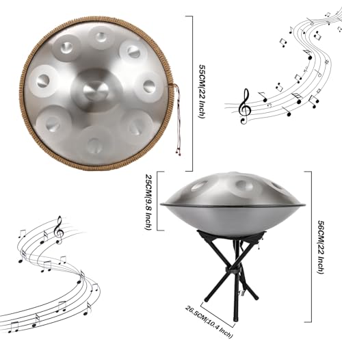Handpan Drum 9/10/12 Notas 432Hz/440Hz Re menor 22 Pulgadas con Bolsa Suave, 2 Baquetas y Soporte miniatura 3