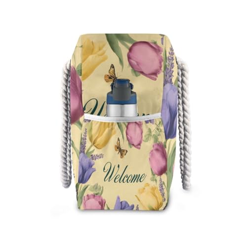 OTVEE Colorful Tulip and Welcome Patterns Beach Bags for Women Ladies Large Canvas Tote Shoulder Bag Waterproof Travel Bags for Gym Swim Pool Camping3