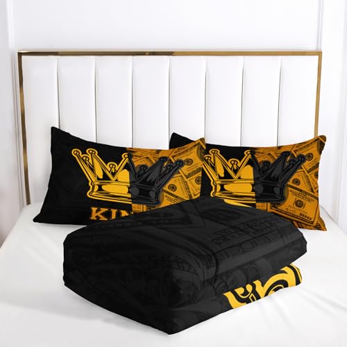 Image of AILONEN Black and Gold Printed Couple Full Bedding Set,King and Queen Crown Comforter Set,3-Piece King Money Pattern Dollar Design Quilt Set for Adults Men Women,1 Comforter with 2 Pillowcases