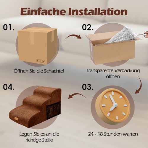Eukue Hundetreppe 3 Stufen, Hundetreppen für Kleine Hunde und Katzen, Tragbare Hunderampe für Bett und Sofa, Hochdichtem Schaum Haustiertreppe mit Bezug und Tasche, Braun