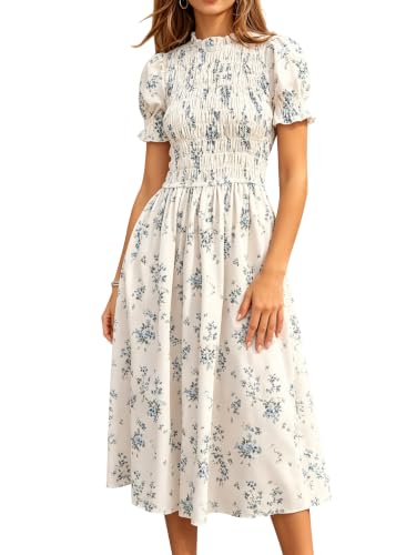 Image of RIHOAS Plaid Gingham Midi Dress Short Sleeve Smocked Dresses for Women | Cotton,Ruffle Puff Sleeves,Vintage Brown,Spring Summer Casual Daily,Picnic,Travel,Vacation,Christmas Festive Occasions