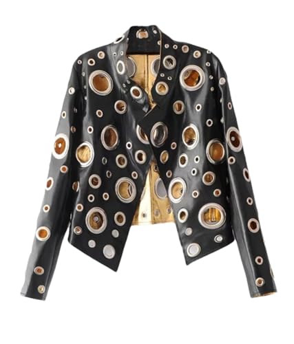 Women Spring Short Golden Rivet Stand Collar Hollow Faux Leather Jacket