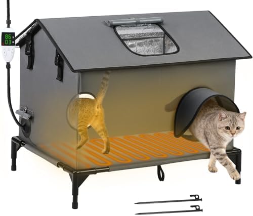 Large Heated Cat House for Outside, Weatherproof Insulated Indoor Extra Large Cat House with Adjustable Heating Pad, Escape Door & Elevated Base, Warm Shelter for Feral Stray Barn Cats, 25