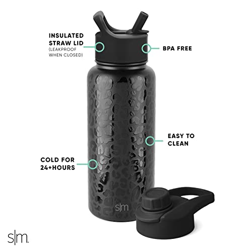 Image of Simple Modern Water Bottle with Straw and Chug Lid Vacuum Insulated Stainless Steel Metal Thermos Bottles | Reusable Leak Proof BPA-Free Flask for Sports Gym | Summit Collection | 32oz, Black Leopard