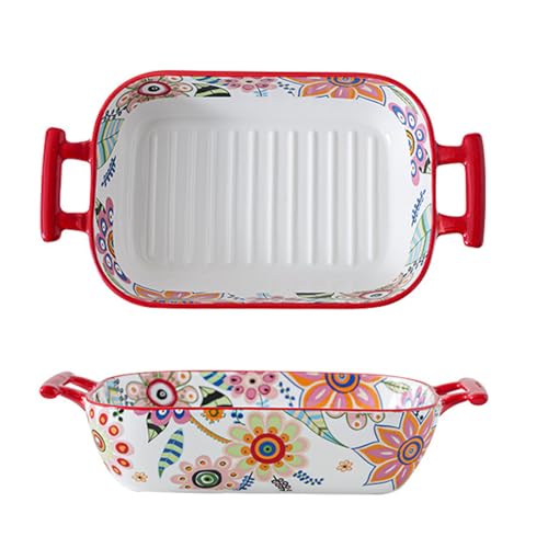 SSWH Fuente de cerámica para hornear, sartén para lasaña de gres pintada a mano, platos para cazuela para cocinar en la cocina y uso diario, apto para horno, microondas,(Size:25.3×14×5.5cm,Color:Rojo)