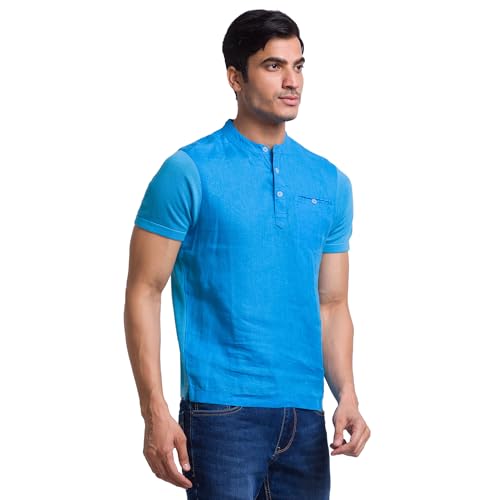 Image of Parx Men's Pure Linen Solid Pattern Regular Fit Henley Neck Half Sleeve Casual T-Shirt