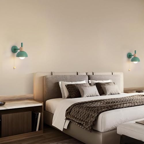 Image of Pull Chain Wall Sconce for Bedroom, Vintage Bedside Wall Lamp with E26 Socket, Wall Lighting for Kids Room Hallway Boys Girls (Green)