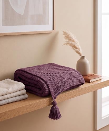 Image of Furnistitchs Plain Solid Knitted Sofa Throw Blanket 50x60 inches / 125x150 cms| Cotton Plain Knit with Tassels | Aesthetic Bohemian Decorative Couch Throws for Living Room & Bedroom (Wine)